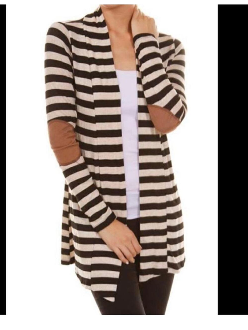 Always Me Navy Striped Cardigan Elbow Patch Accents, EUC, Size Medium